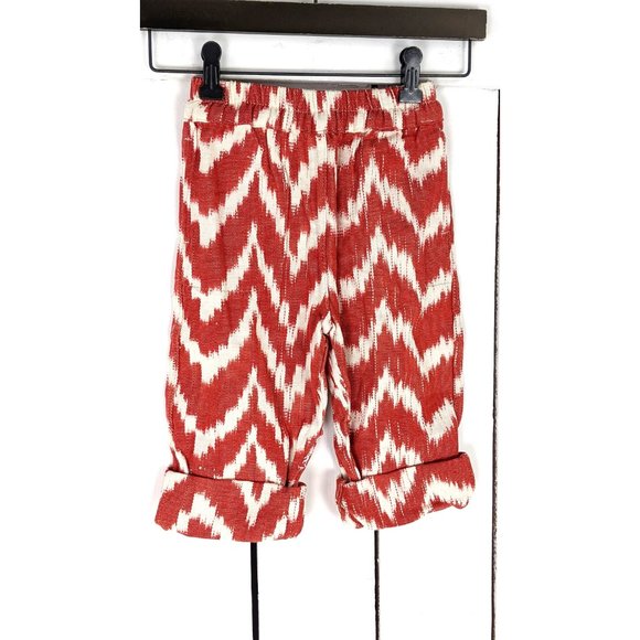 Kids childrens red white IKAT zigzag print woven cotton stretch waist pants - Picture 3 of 4